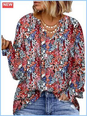 Plus Size Boho V Neck Smocked Long Sleeve Blouse Top